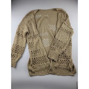 Womens Tan Knit Open Weave Cardigan Sweater Lightweight Boho Beach Cover Up